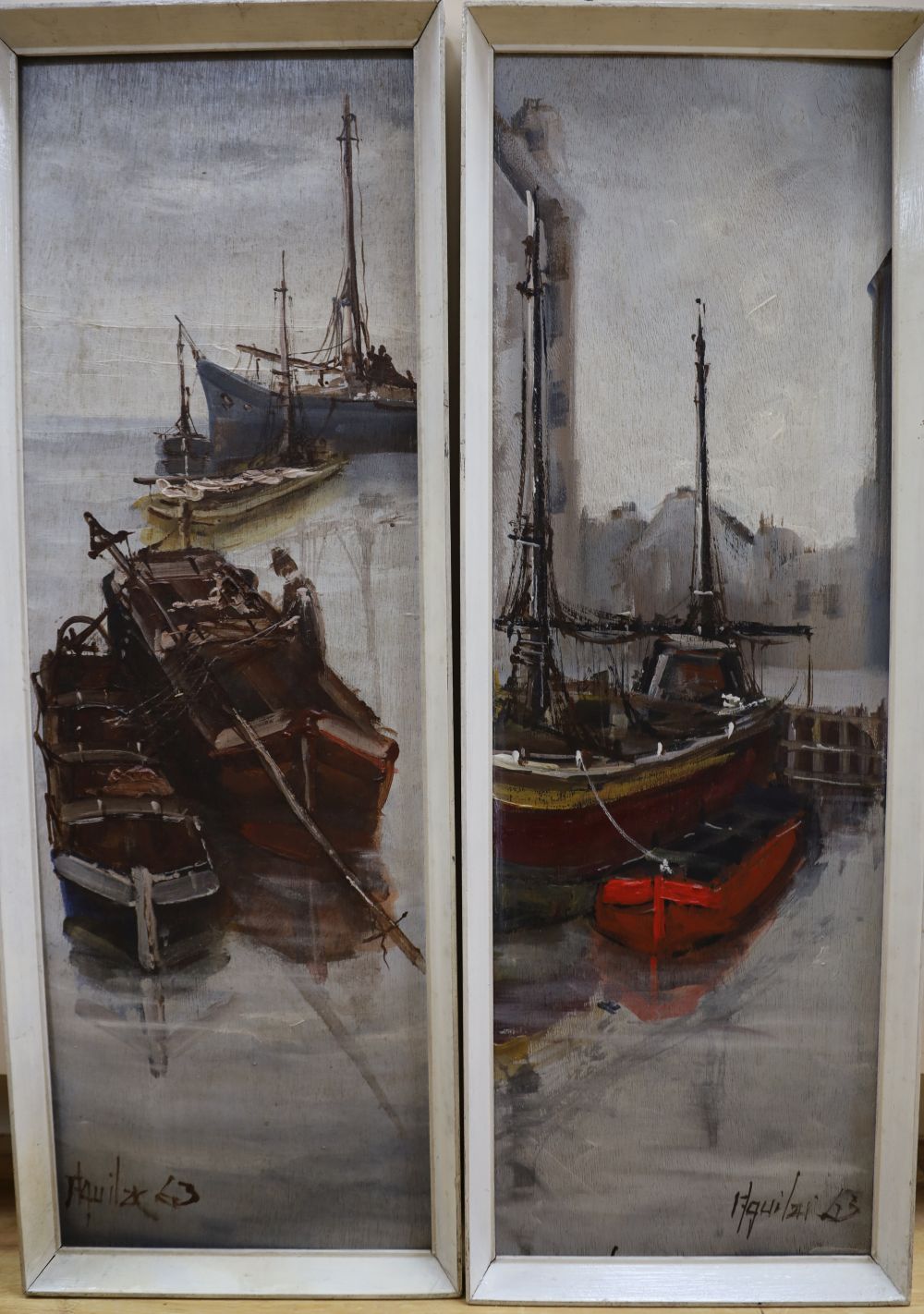 Jorge Aguilar (1925-1997), pair of oils on board, Fishing boats and barges in harbour, signed and dated 63, 60 x 19cm